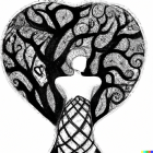 Stylized artwork: Pale-skinned woman with dark hair as tree trunk in heart-shaped frame