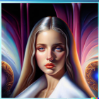 Stylized portrait of woman with blue eyes and white hair against vibrant backdrop