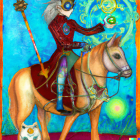 Fantasy warrior on horseback in elaborate armor with spear & magic