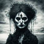 Dark makeup and tree branch hair on person against stormy seascape background.