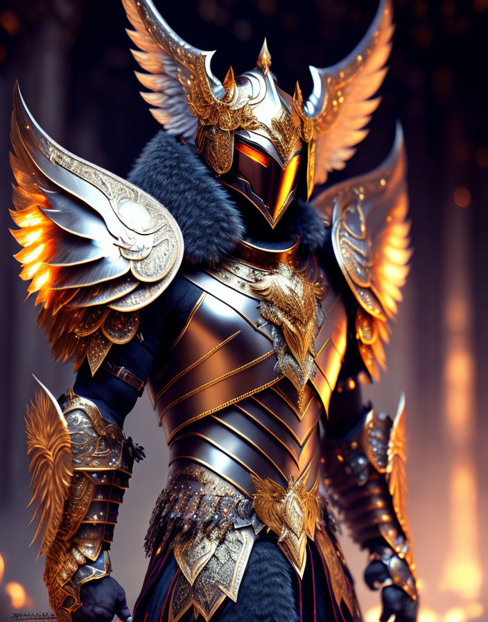 Armored figure with winged helmet and golden visor exudes regal aura