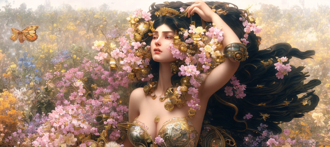 Fantasy portrait of woman with black hair, pink flowers, gold jewelry in vibrant landscape