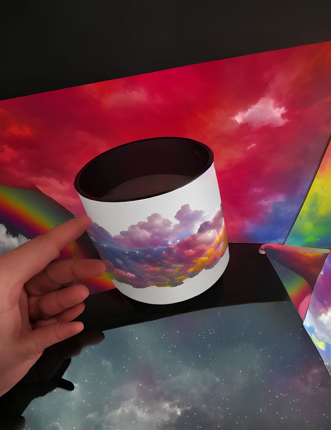 Colorful Hand Holding Cloudscape Cylindrical Object on Psychedelic Background
