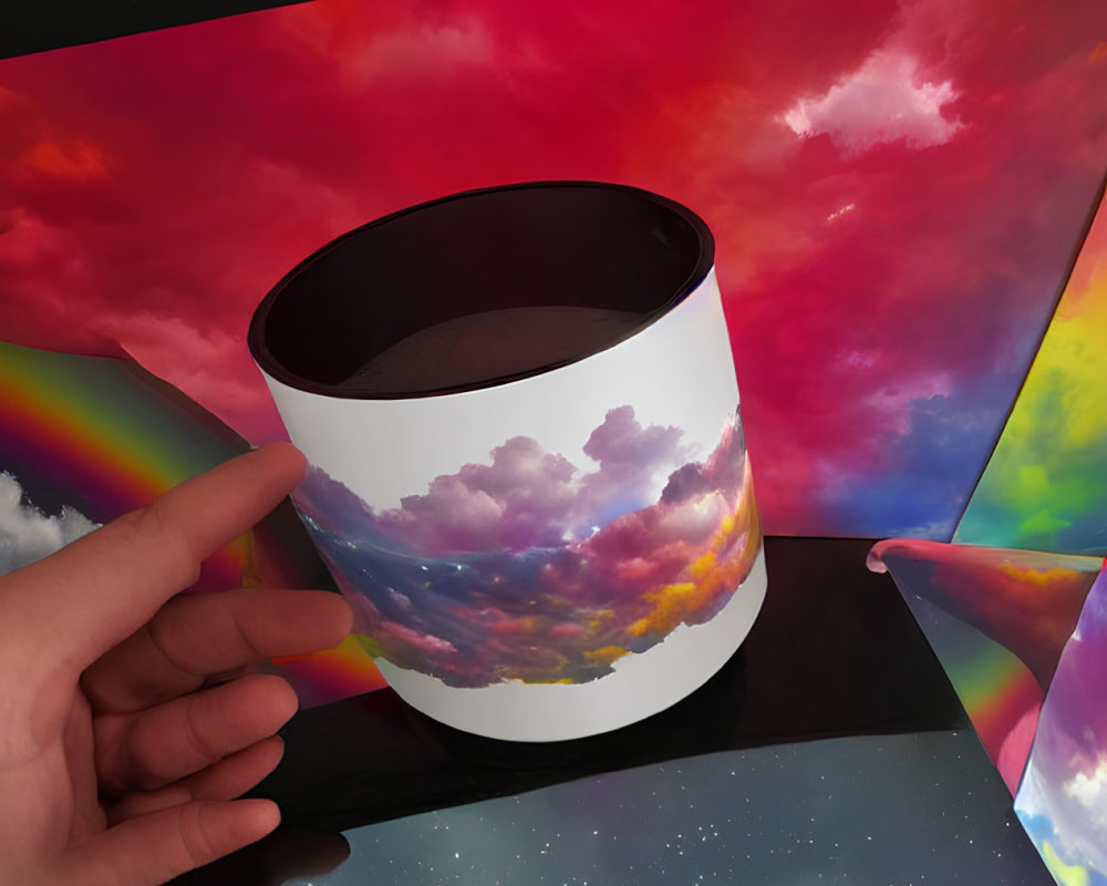 Colorful Hand Holding Cloudscape Cylindrical Object on Psychedelic Background