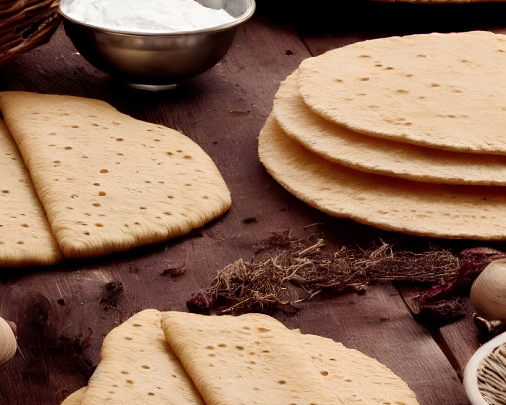 Assorted flatbreads, yogurt, and herbs on wooden surface