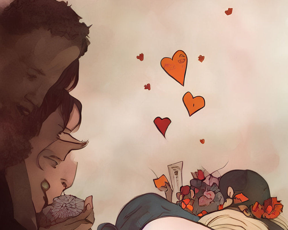 Illustration: Couple Embracing with Floating Hearts in Warm Colors