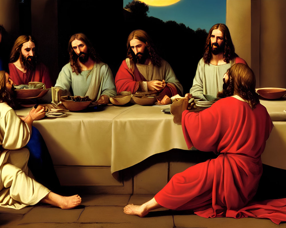 Religious painting of Last Supper scene with Jesus and twelve disciples.