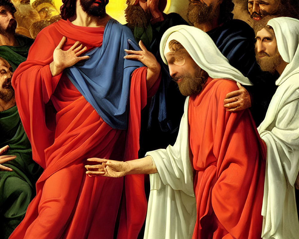 Classic Painting of Haloed Figure in Red and Blue Robes with Onlookers