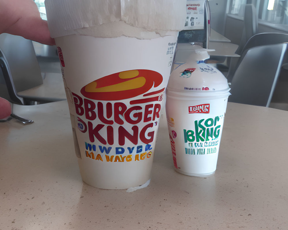 Hand holding Burger King cup with exploded top next to smaller cup on table in bright space