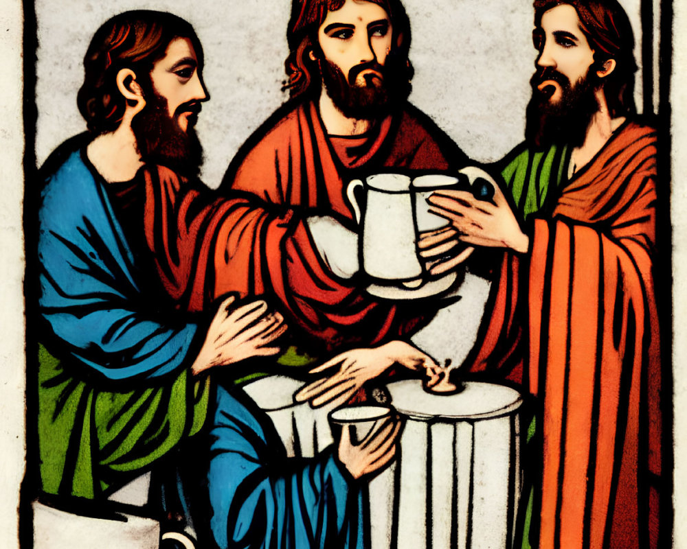 Colorful Stained Glass-Style Illustration of Three Robed Figures with Cups and Old Script