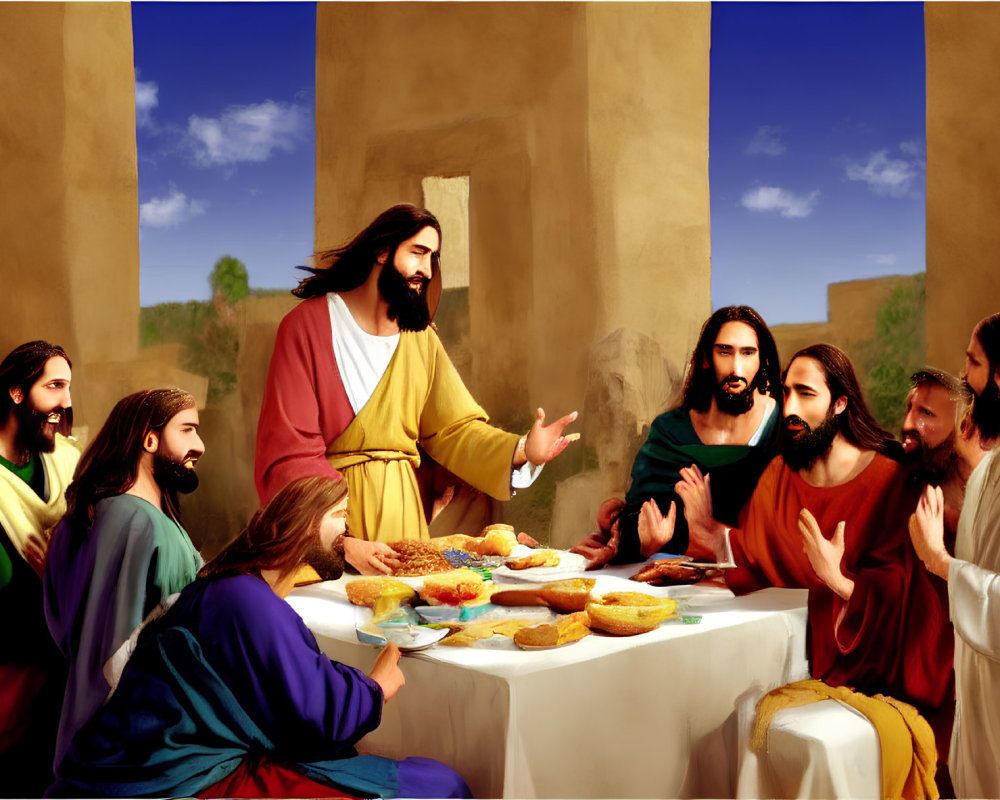 Vibrant biblical scene: Jesus and disciples share meal and conversation