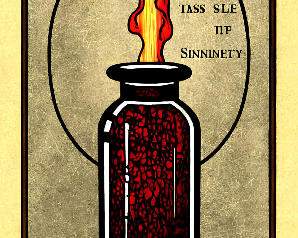 Illustration of red-filled jar with flame in golden frame.