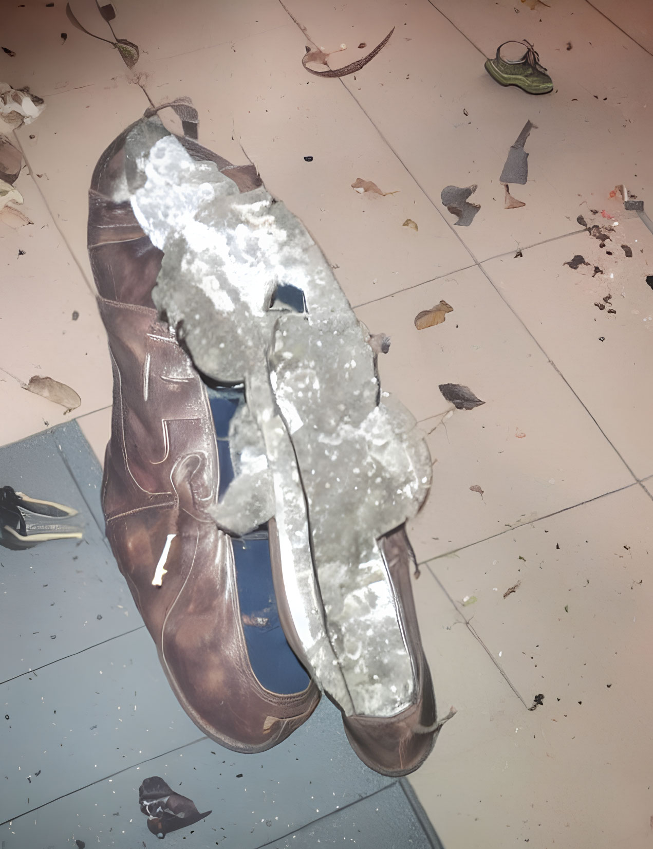Damaged brown shoe on dirty floor with debris.