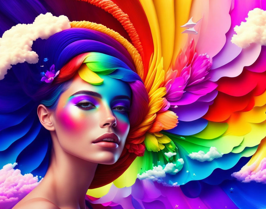 Colorful surreal portrait of woman with rainbow hair and makeup on abstract backdrop.