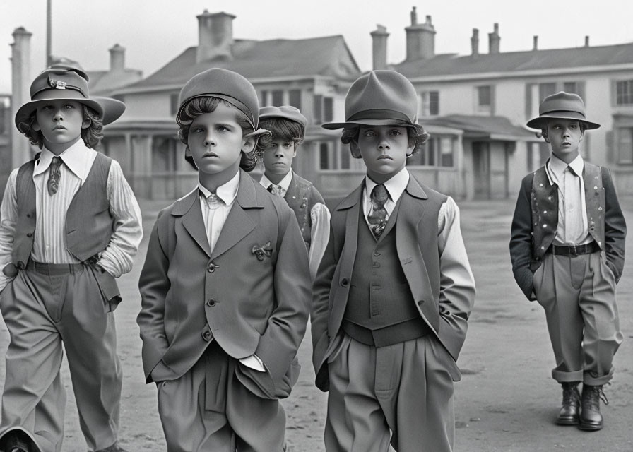 Vintage black and white photo of five boys in formal attire on old street