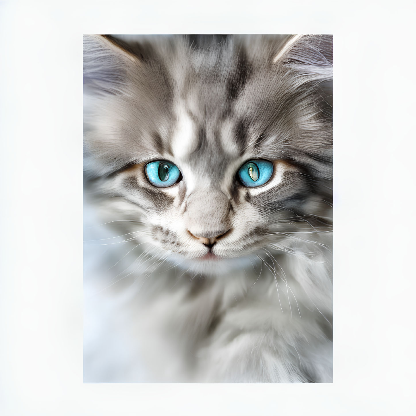 Fluffy grey and white cat with blue eyes and whiskers