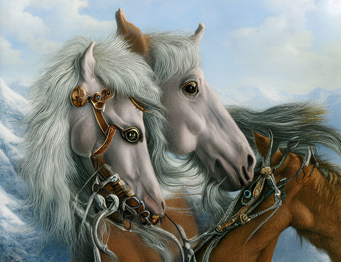 Detailed Illustration of Ornate Bridled White Horses in Serene Landscape