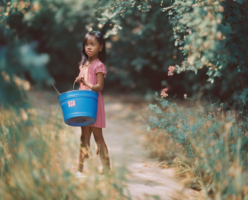 Young girl with blue bucket in lush forest setting