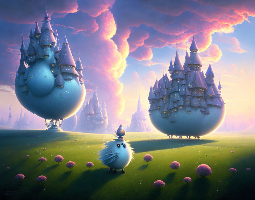 Fantasy landscape with floating islands, castles, colorful sky, and cute creature