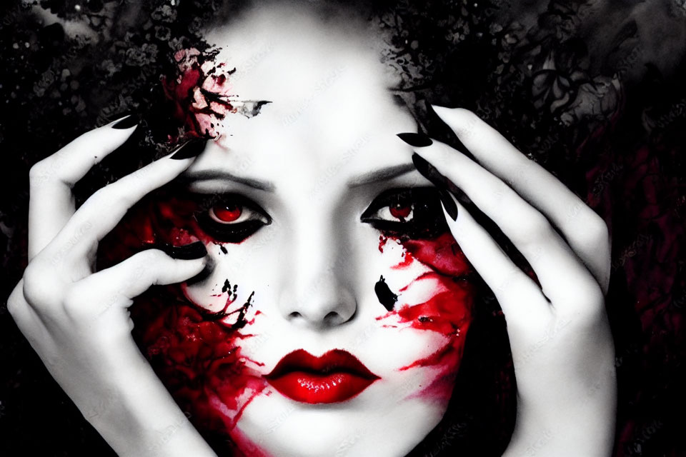 Monochrome image with red accents: person with red eyes, blood-like details, black nails, and