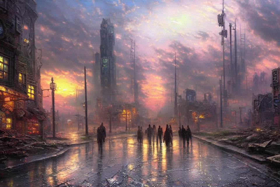 Dystopian cityscape at twilight with towering ruins and vibrant pink sky