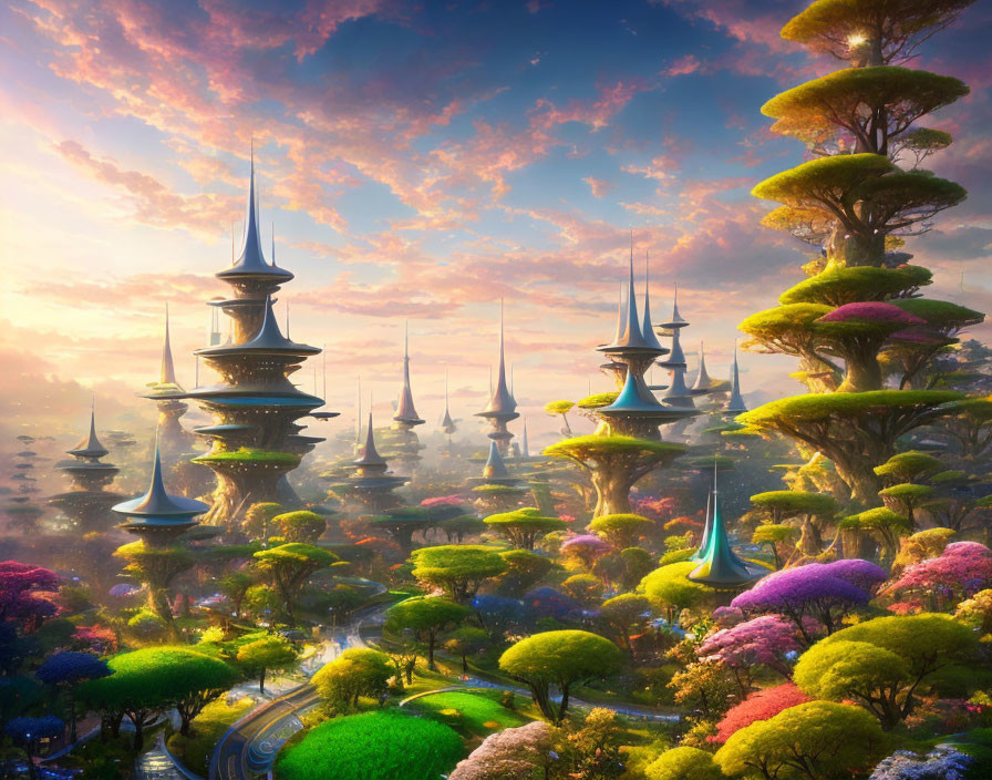 Fantasy landscape with spire-topped structures in colorful sunset scene