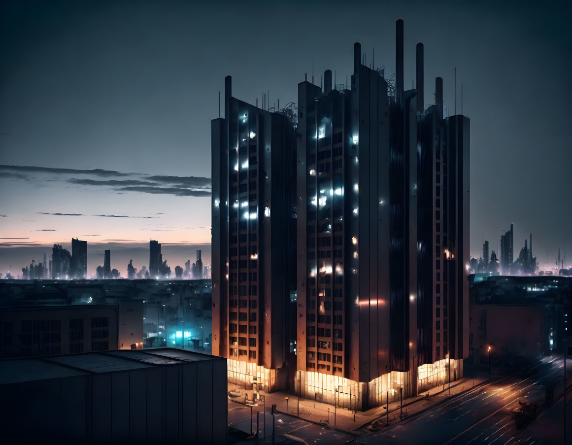 City skyline with modern buildings and lit windows at night.