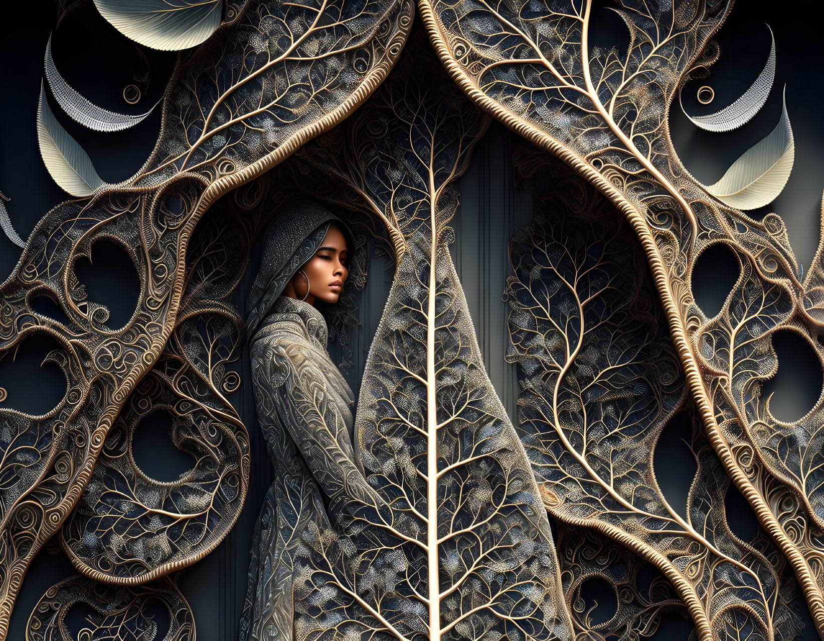 Woman in Textured Cloak Blends with Ornate Tree-Like Archway