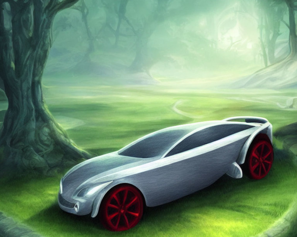 Futuristic silver car with red wheels in misty forest landscape