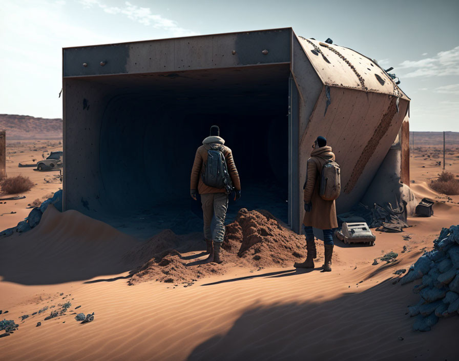 Two people in outerwear at entrance of massive half-buried metal structure in desert with parked car