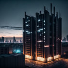 City skyline with modern buildings and lit windows at night.