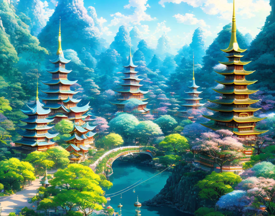 Twin pagodas in vibrant cherry blossom landscape