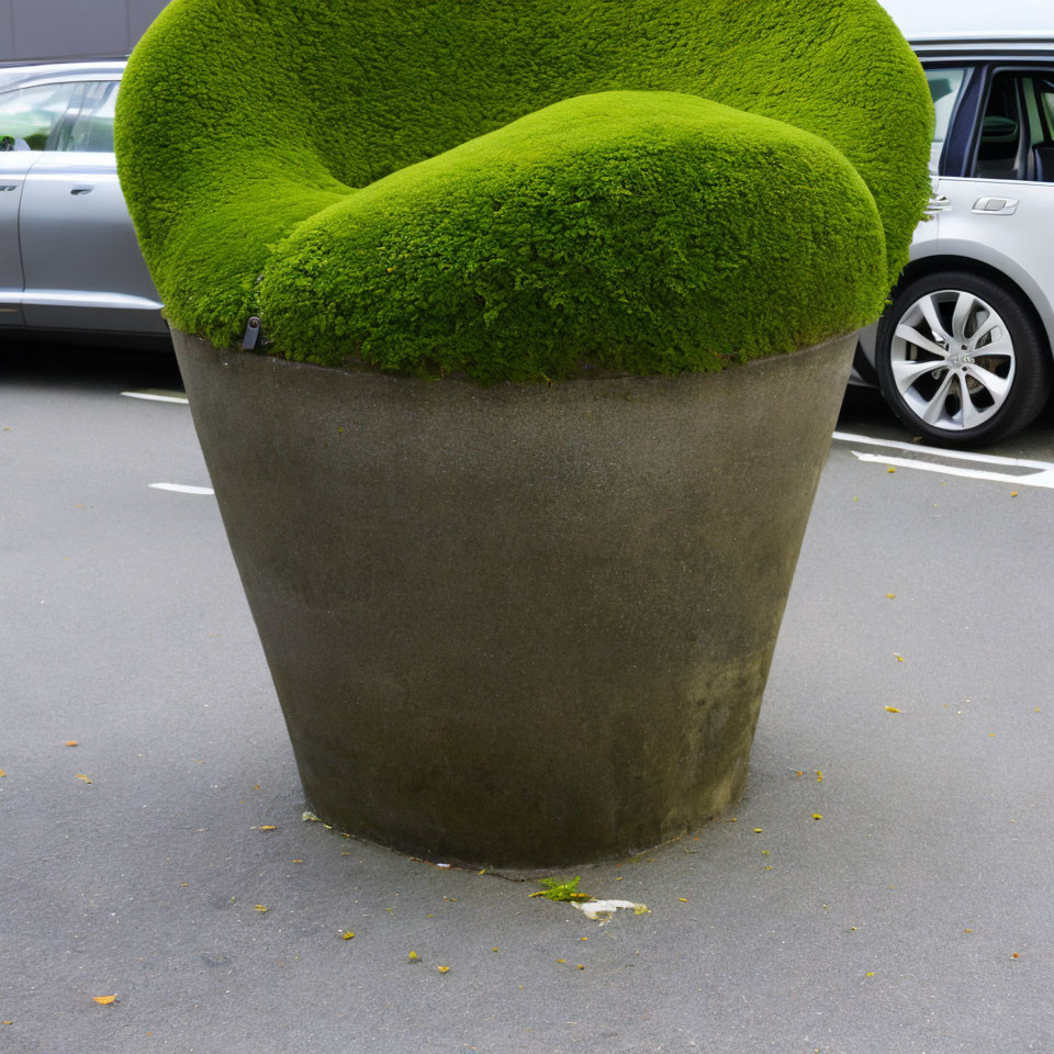 Spiral-shaped green shrub in large outdoor planter on sidewalk