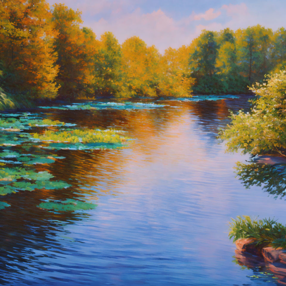 Tranquil landscape with blue river, autumn trees, and lily pads