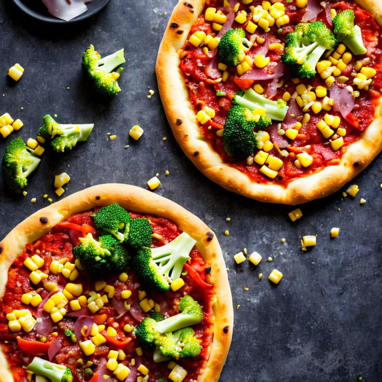 Pizza with Broccoli, Corn, and Ham on Dark Surface