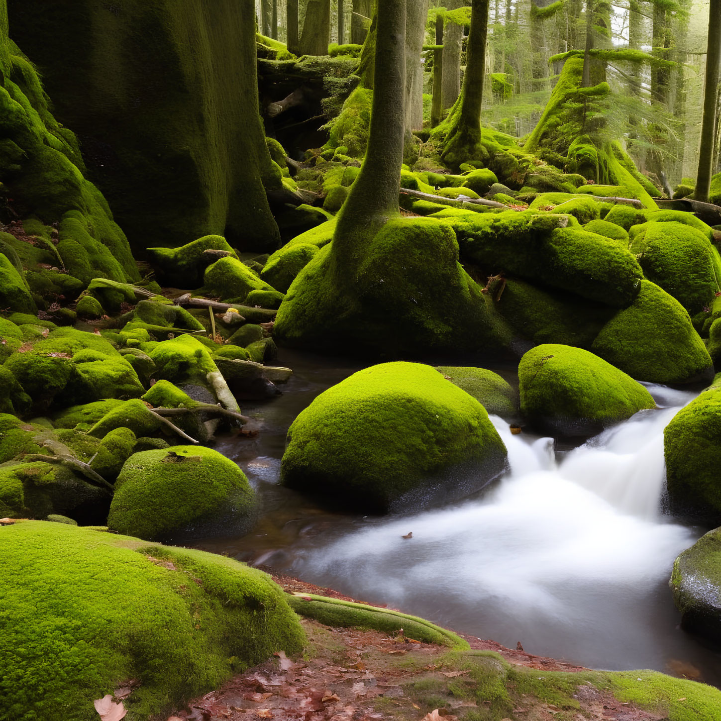 Tranquil forest stream with moss-covered rocks and lush greenery