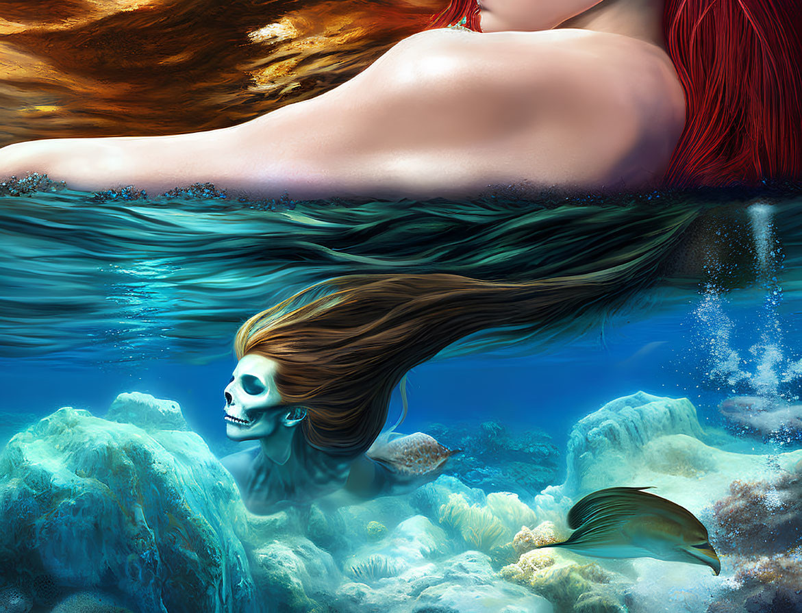 Split-view surreal illustration: underwater mermaid skeleton and living mermaid on rock