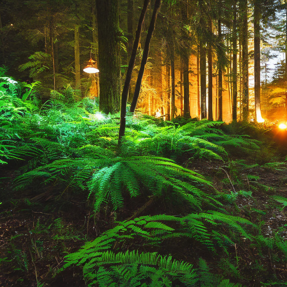 Forest floor covered in lush ferns under ethereal light with mystical lantern.