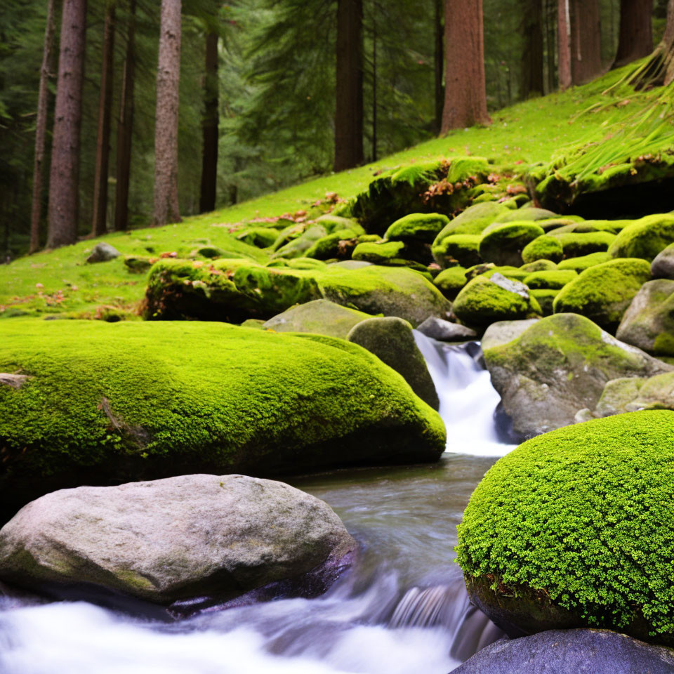 Moss-Covered Stones in Flowing Stream Amid Green Forest