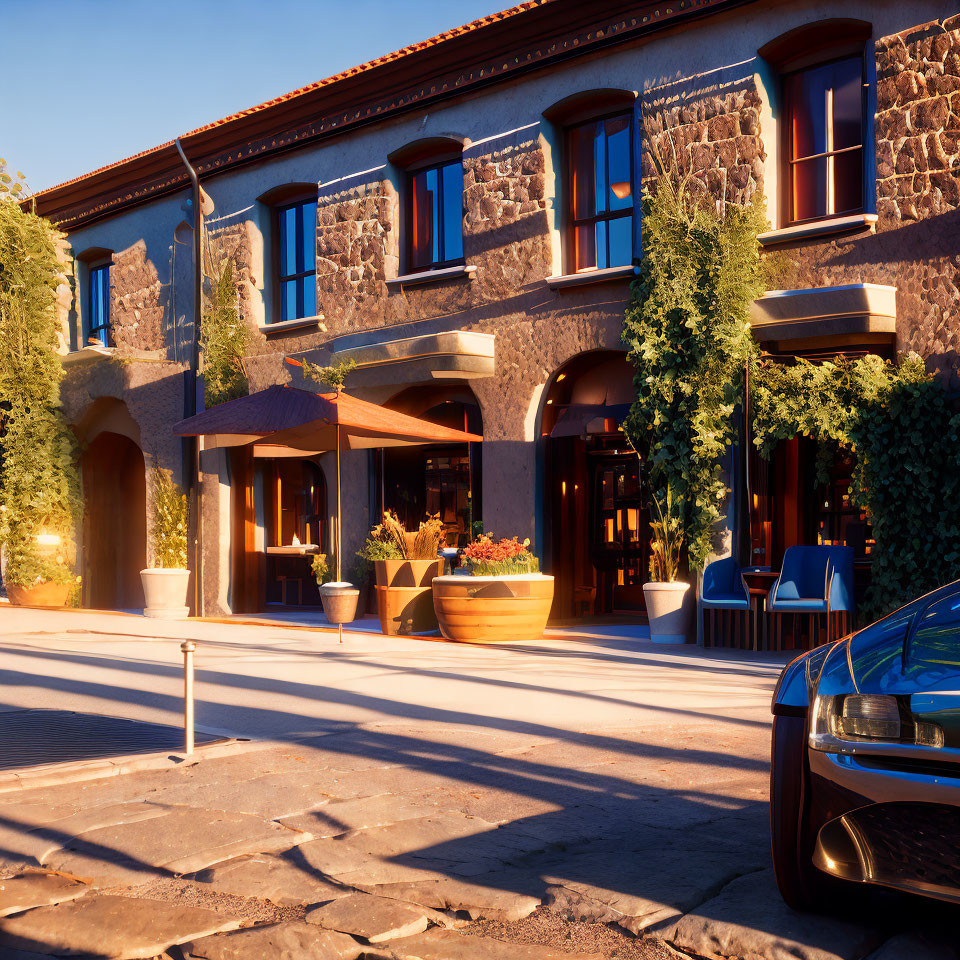 Stone building with outdoor seating, potted plants, and parked car at golden hour