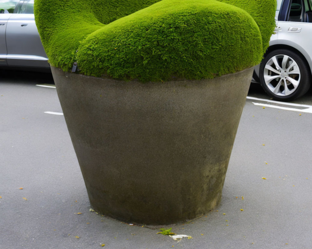 Spiral-shaped green shrub in large outdoor planter on sidewalk