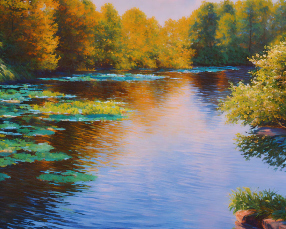 Tranquil landscape with blue river, autumn trees, and lily pads