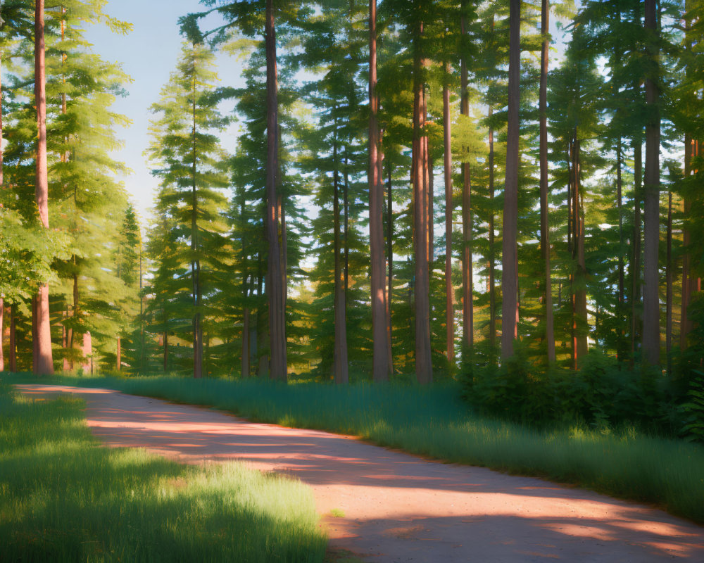 Tranquil forest landscape with tall trees and winding path