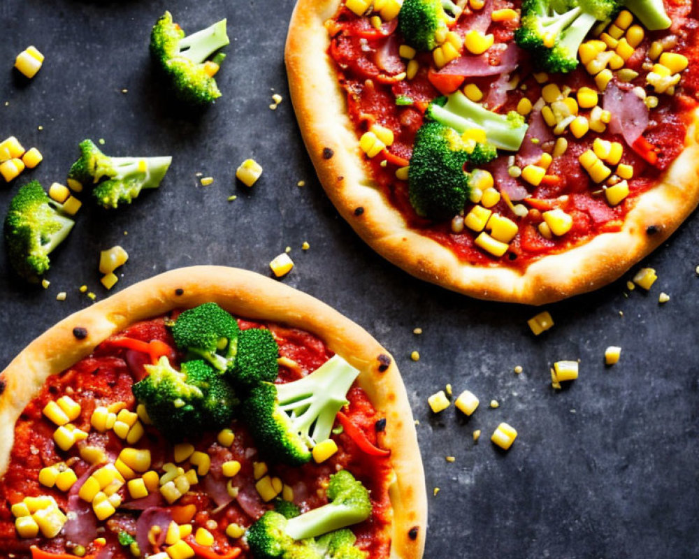 Pizza with Broccoli, Corn, and Ham on Dark Surface