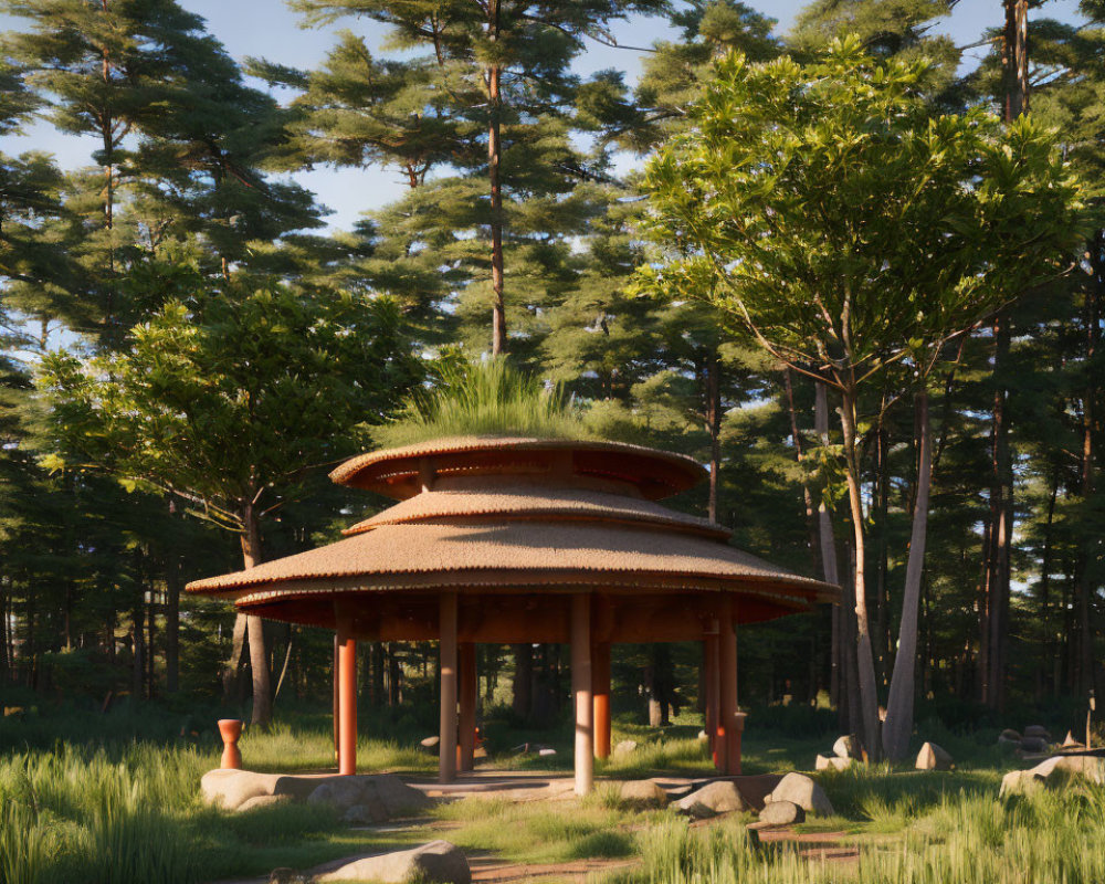 Traditional wooden gazebo with tiled roof in forest setting