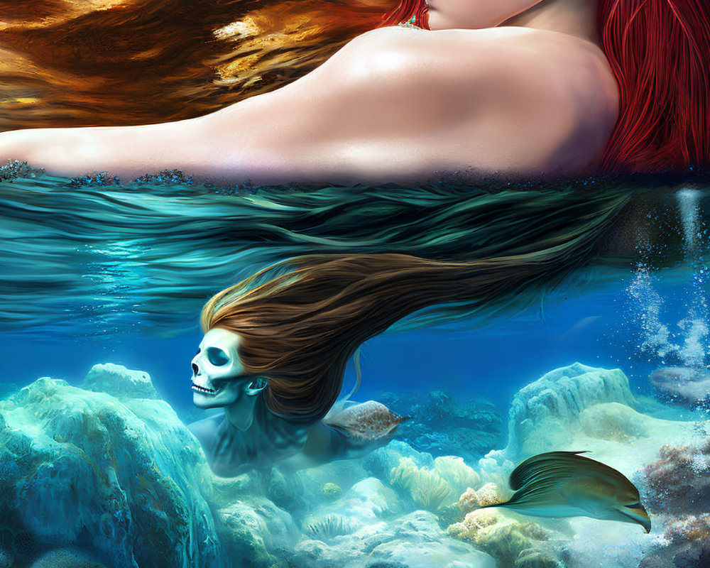 Split-view surreal illustration: underwater mermaid skeleton and living mermaid on rock