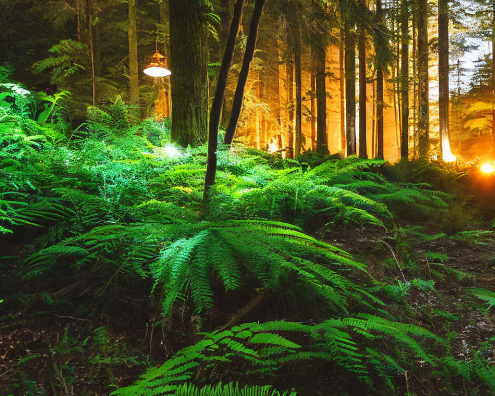 Forest floor covered in lush ferns under ethereal light with mystical lantern.