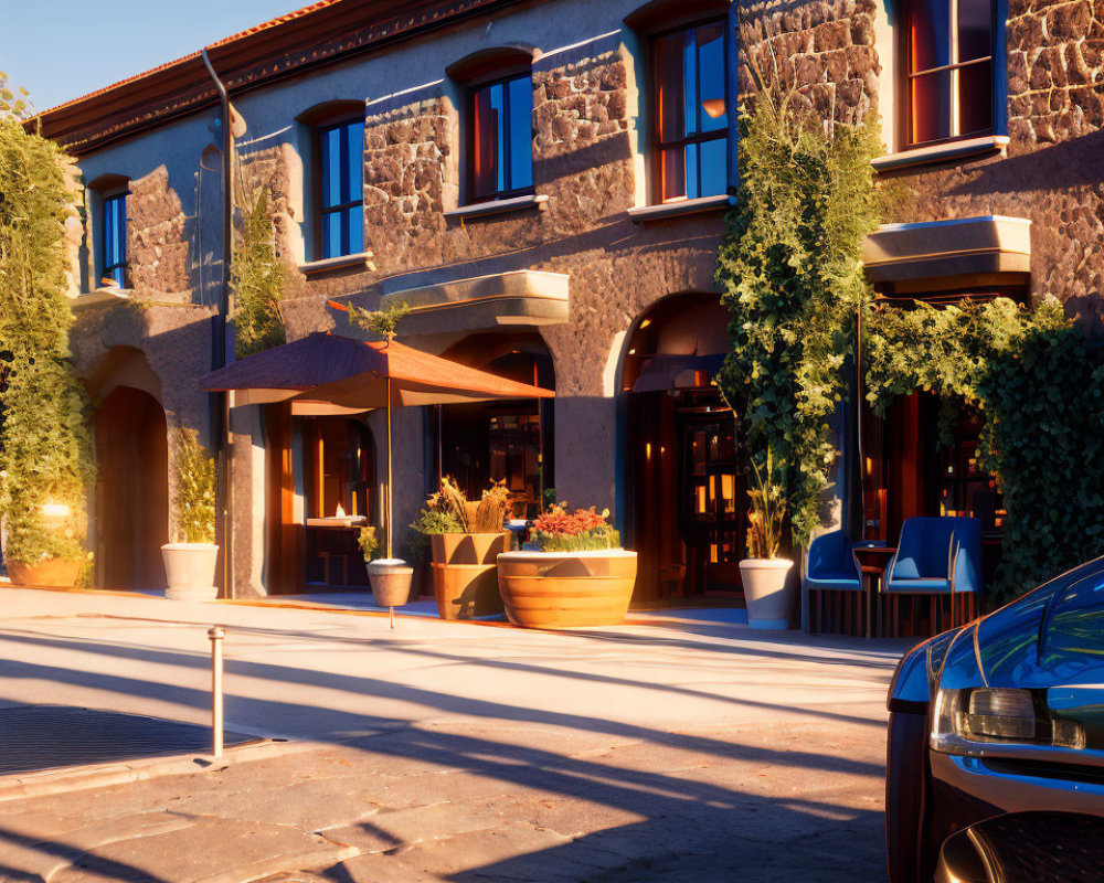 Stone building with outdoor seating, potted plants, and parked car at golden hour