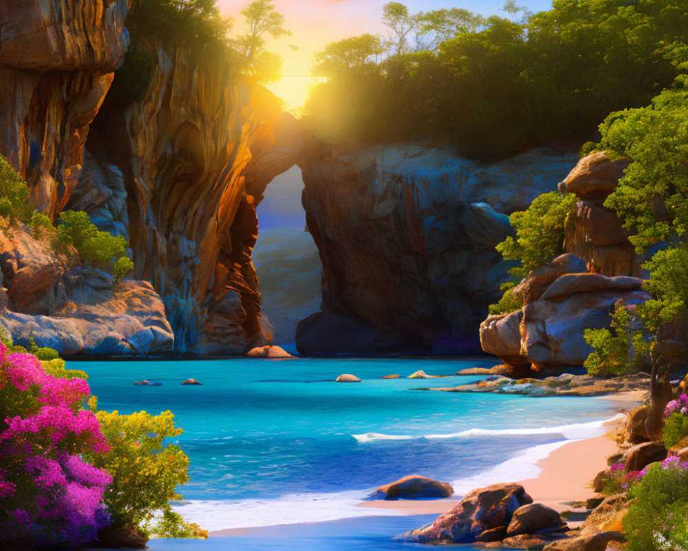 Tranquil landscape with turquoise river, rock arch, and lush flora