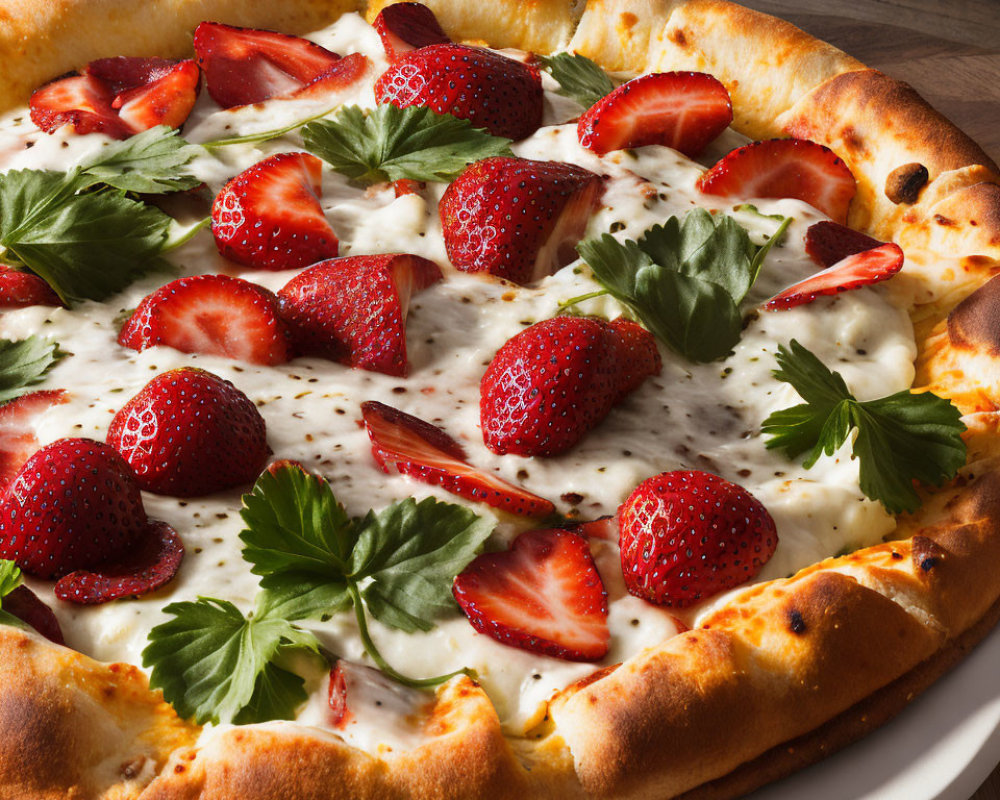 Golden Crust Pizza with Melted Cheese, Strawberries, and Green Herbs on Wooden Table